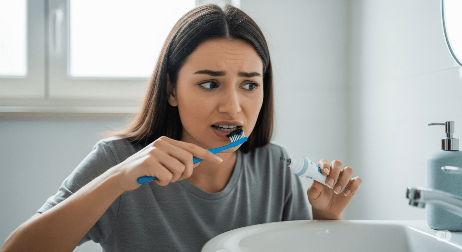 Mulher escovando os dentes com carvão ativado e se dando conta de que está usando produtos que prejudicam os dentes