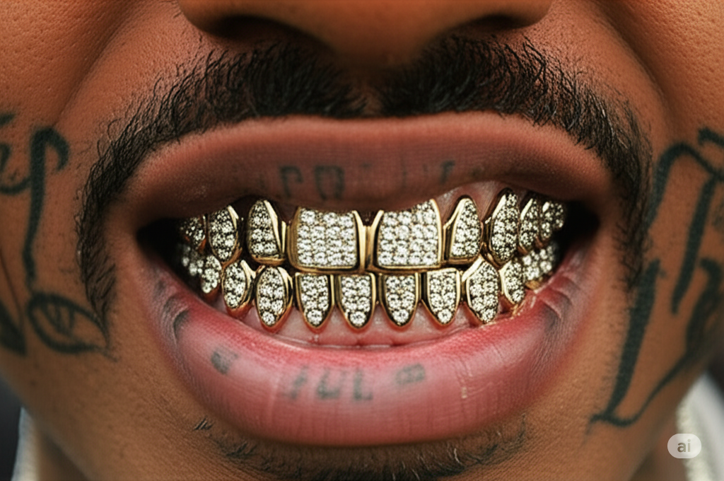 Rapper mostrando o sorriso com joias dentais e ilustrando a capa de um artigo sobre grillz e saúde bucal
