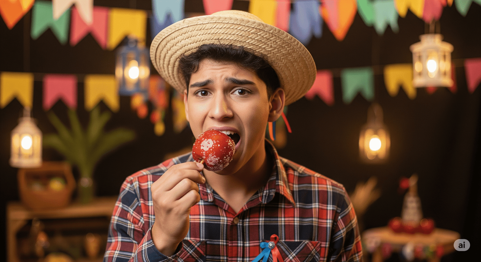Rapaz jovem vestido tipicamente para uma festa junina e com um arraiá ao fundo mordendo uma maçã do amor e quebrando o dente.