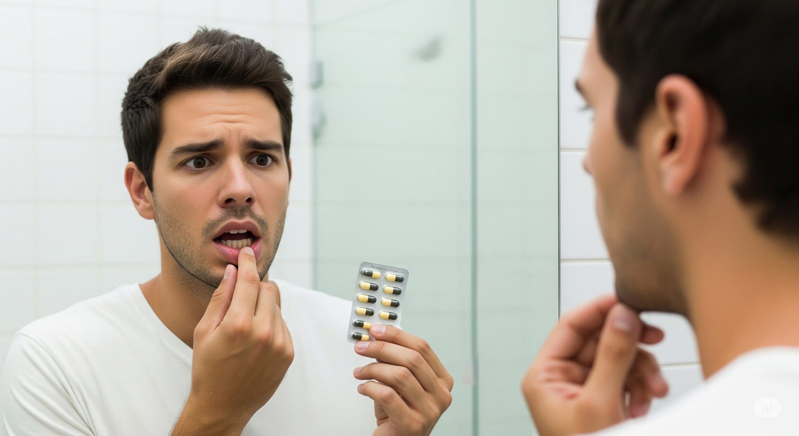 Homem brasileiro com 25 anos segurando uma cartela de comprimidos com uma mão e levantando o lábio inferior com a outra enquanto se olha no espelho. Ele está em um banheiro bem iluminado e com uma expressão de preocupação no rosto. Essa imagem ilustra um artigo sobre como medicamentos podem afetar a saúde bucal.