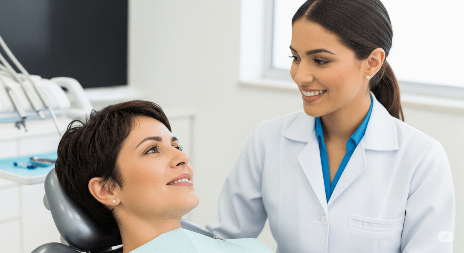 Mulher brasileira com 40 anos e cabelo curto na cadeira do dentista. Ela está deitada na cadeira em um consultório odontológico e conversando com uma dentista mulher (brasileira de 30 anos). A expressão no rosto das duas é leve e tranquila, afinal, elas estão conversando sobre saúde bucal e menstruação.