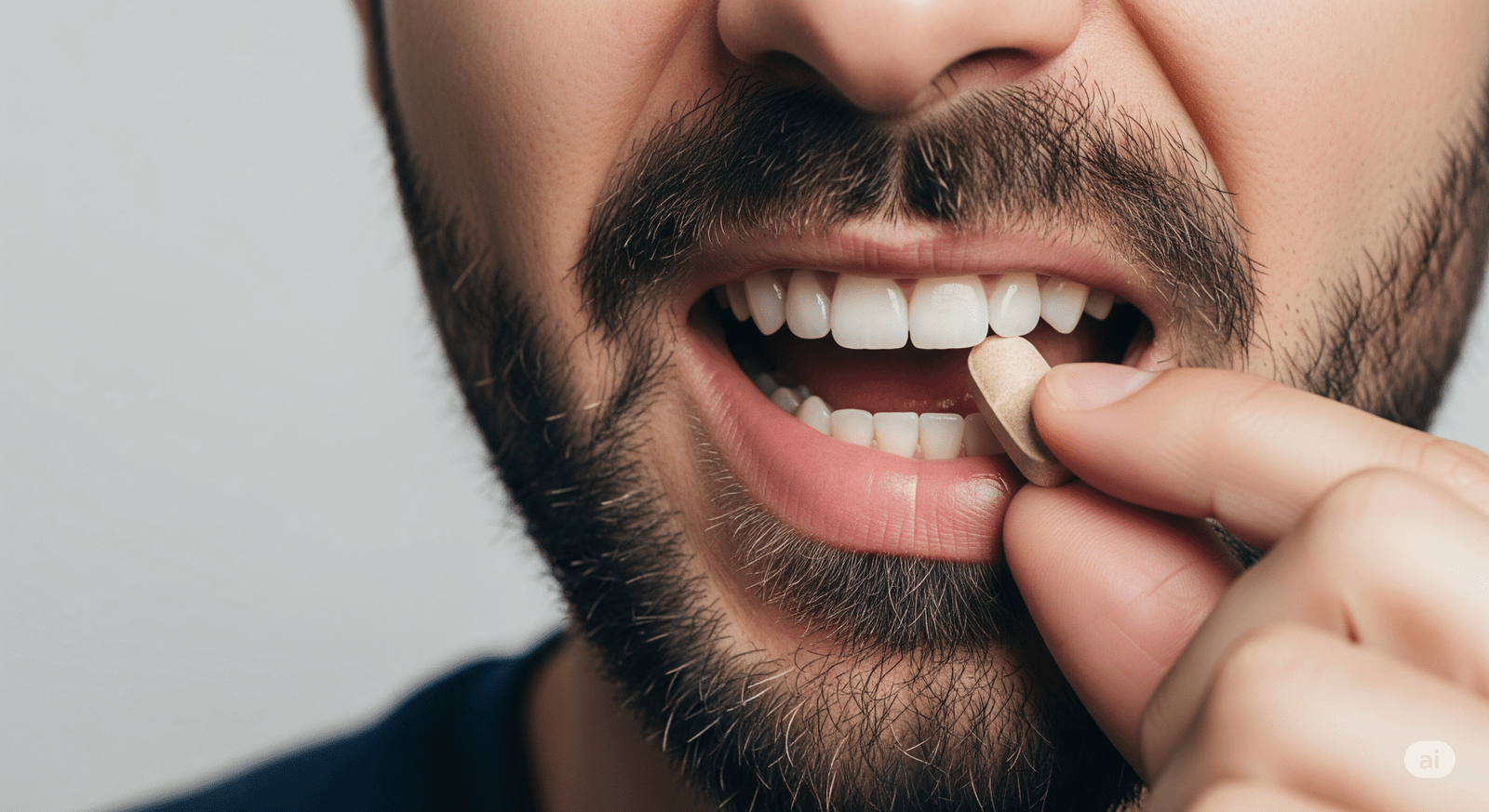 Imagem close-up da boca de um homem com barba mordendo um comprimido para ilustrar a relação entre Venvanse e saúde bucal