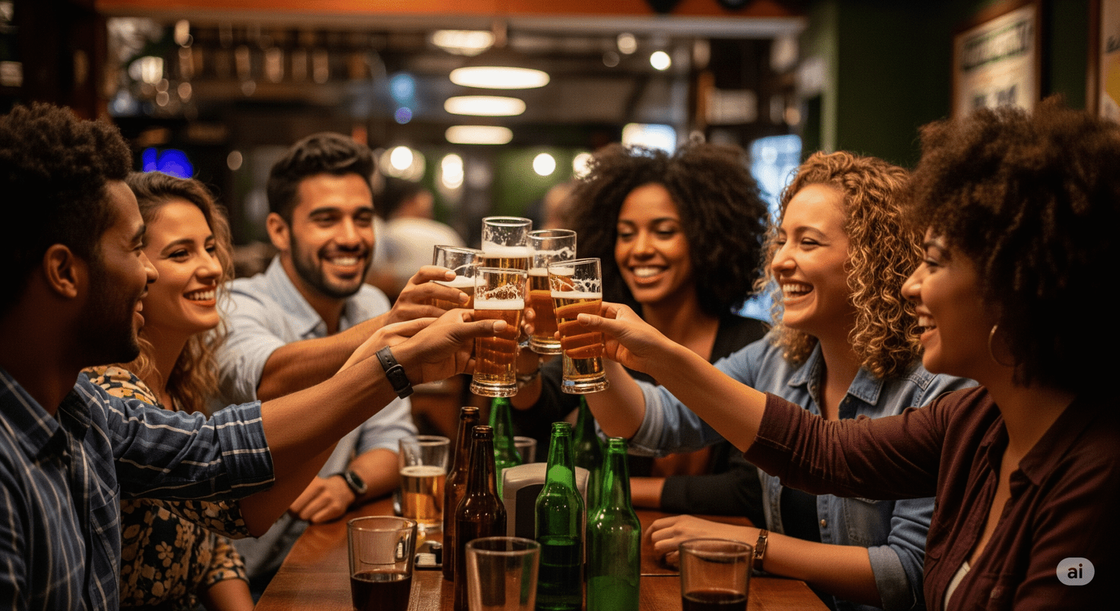 Um grupo de jovens adultos cariocas bebendo em um típico botequim do Rio de Janeiro. O grupo reúne amigos com faixas etárias de 25 a 32 anos de idade e de diversas etnias, comprovando a miscigenação brasileira. Todos acabaram de sair do trabalho e estão celebrando a sexta-feira em um happy hour.A imagem ilustra a relação entre álcool e saúde bucal.