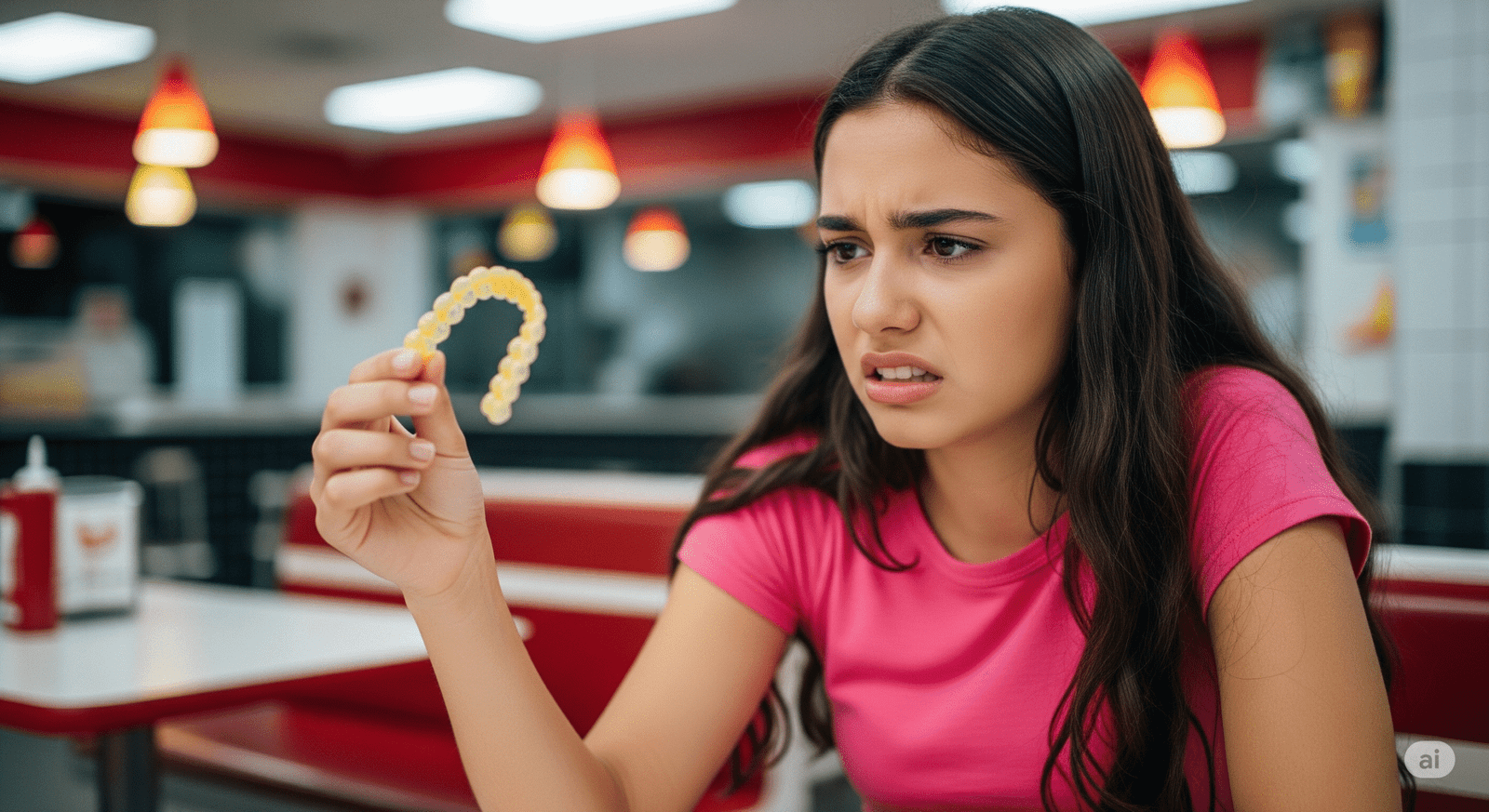 Adolescente brasileira com 17 anos segurando um aparelho dental transparente todo amarelado. Ela está sentada na mesa de um fast food.