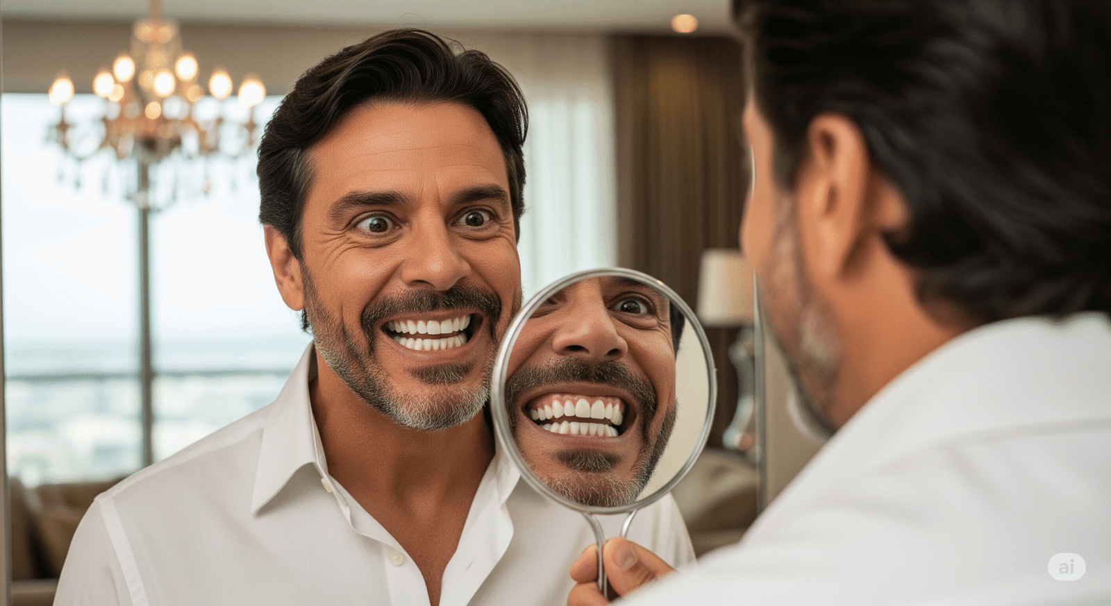 Um homem brasileiro de 50 anos com dentes extremamente brancos. Ele está segurando um espelho em uma mão enquanto olha assustado para o reflexo de seus dentes. A expressão dele é sorrindo com olhos arregalados, algo meio maníaco. Foto ilustra um artigo sobre brancorexia, a obsessão por dentes brancos.