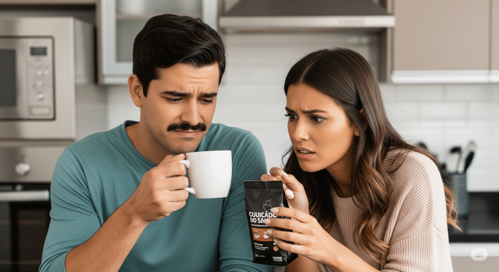 Casal brasileiro tomando café e percebendo que os grãos adulterados podem comprometer sua saúde bucal.