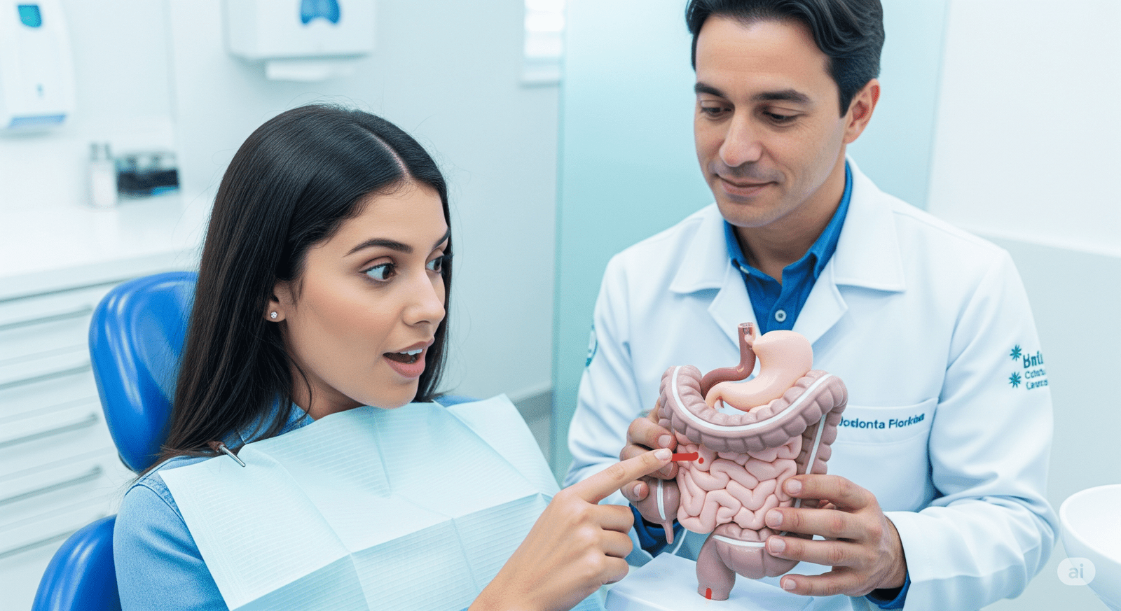 Uma jovem brasileira de 25 anos no consultório de um dentista de 45 anos. Ela está sentada em uma cadeira de frente para o dentista enquanto o profissional segura uma figura anatômica do sistema digestório e aponta o intestino na figura para a jovem. A imagem ilustra um artigo sobre câncer de intestino e saúde bucal.