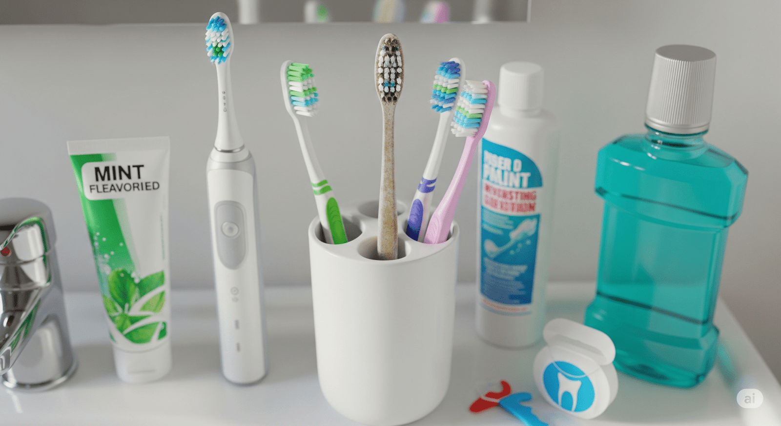 Uma escova de dente velha, com as cerdas desgastadas, em um porta escovas na pia de um banheiro e cercada por outras diferentes escovas, uma escova elétrica, uma escova infantil e duas escovas normais. Próximo ao porta escovas há uma pasta de dente, um enxaguante bucal e um fio dental.