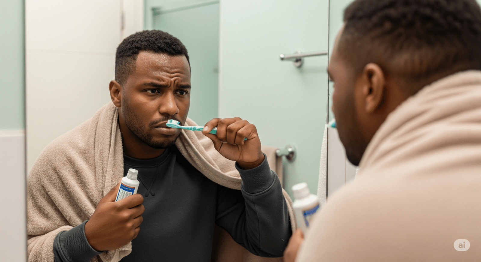 Adulto brasileiro gripado se olhando no espelho do banheiro. Ele tem 35 anos, pele negra, cabelo bem cortado e está vestindo um moletom e com um cobertor jogado por cima dos ombros. Ele segura uma escova de dentes com uma mão enquanto coloca o creme dental na escova com a outra mão. Ele está suando e franzindo o rosto como se fosse espirrar. Post ilustra um artigo sobre Influenza e saúde bucal.