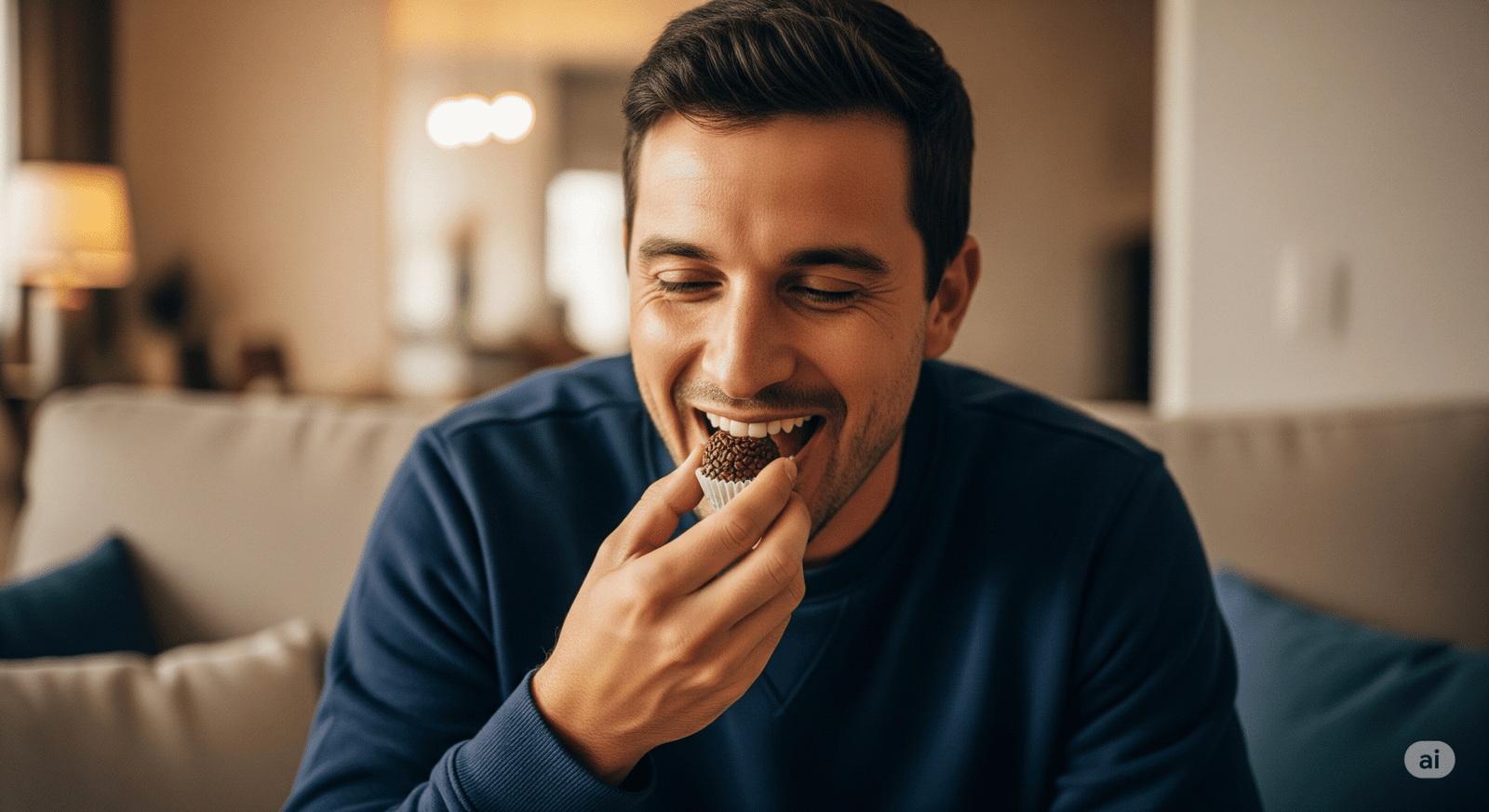 Um homem brasileiro de 35 anos comendo brigadeiro no sofá da sala de casa. Ele está feliz e vestindo moletom. A imagem ilustra um artigo sobre açúcar e seu impacto na saúde bucal.