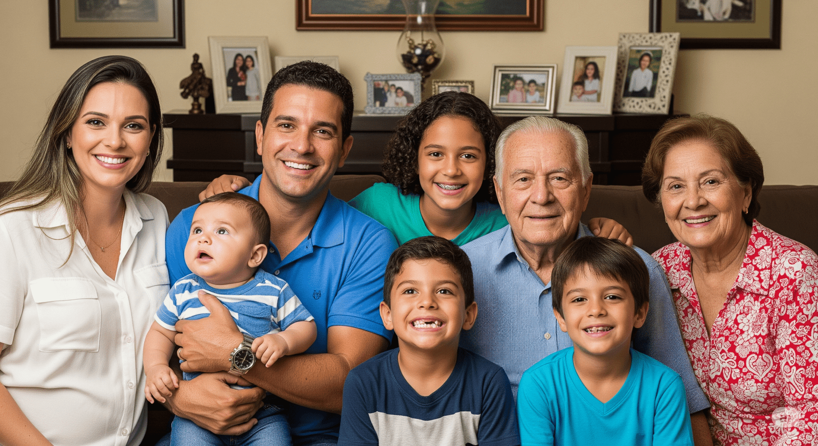 Fotografia de uma família brasileira com saúde bucal em diferentes idades. Uma mulher de 30 anos grávida, um homem de 40 anos segurando um bebê, um menino de 10 anos sem os dois dentes da frente, uma menina adolescente de 17 anos usando aparelho e um casal de idosos de 65 anos.