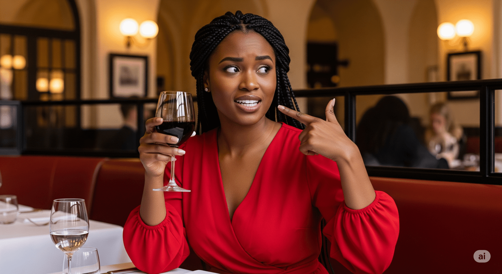 Mulher brasileira negra de 30 anos e com facetas dentárias em um restaurante francês com uma taça de vinho tinto na mão. Ela está olhando para a taça de vinho com uma expressão de dúvida e com um dedo apontando para as facetas nos dentes. A imagem ilustra um artigo sobre cuidados com facetas dentárias.