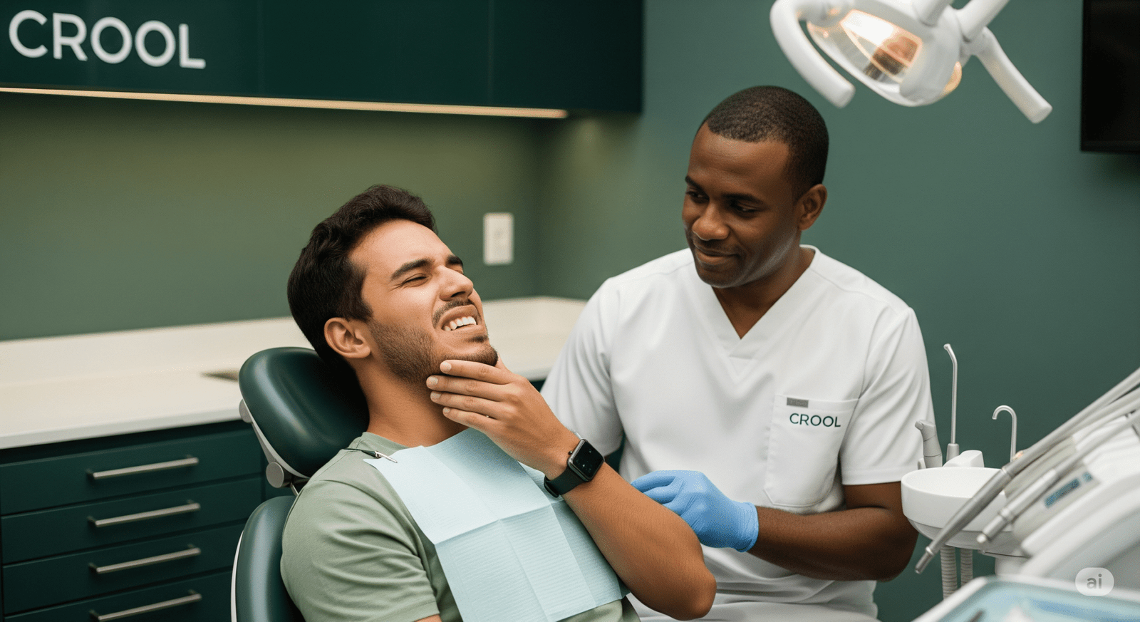 Paciente brasileiro jovem com 25 anos e com dor de dente no consultório de um clínica odontológica moderna. Ele está com expressão de dor e sendo atendido por um dentista negro de 40 anos.