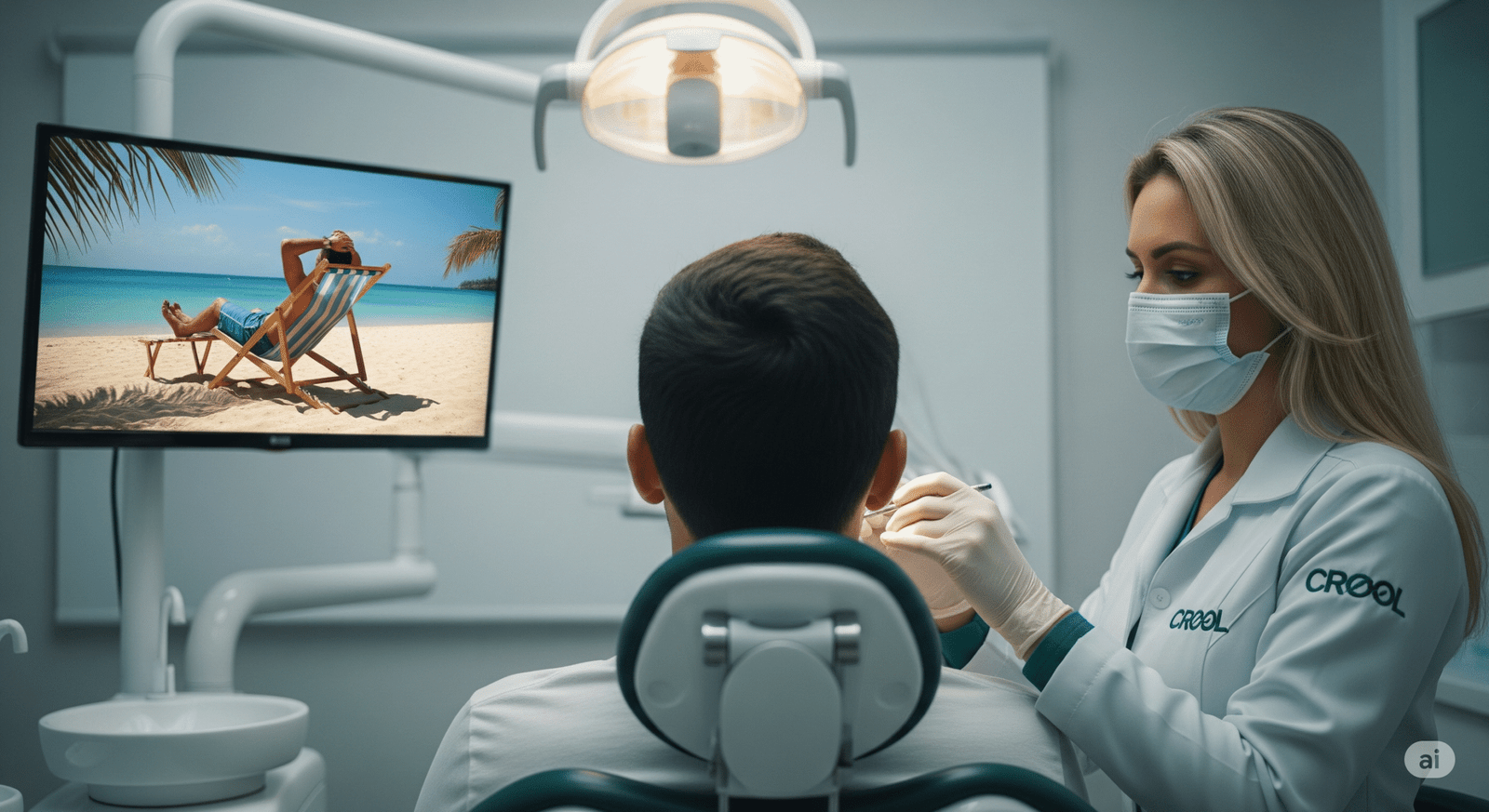 Um homem brasileiro adulto de 30 anos sentado na cadeira do consultório do dentista. Ele está de costas e vemos ele assistindo TV. Na televisão há uma imagem de um homem sentado em uma cadeira na praia, aproveitando as férias. Enquanto o homem assiste TV uma mulher dentista loira examina sua boca.