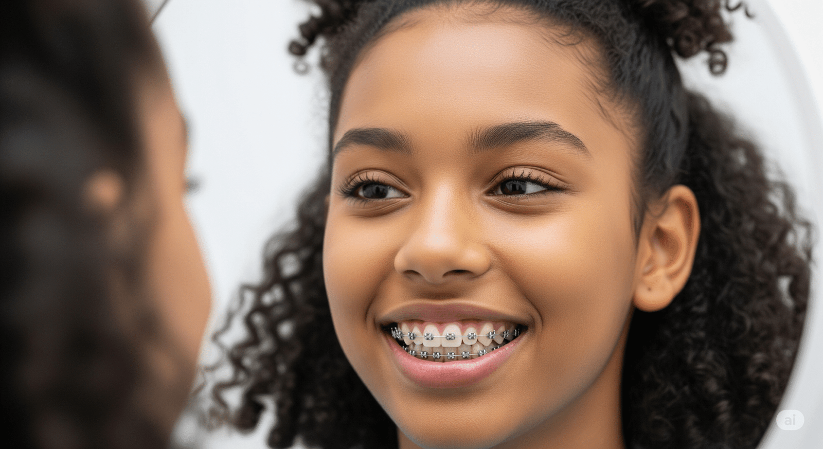 Adolescente brasileira negra de 18 anos no consultório do dentista olhando no espelho e sorrindo com seu aparelho ortodôntico.