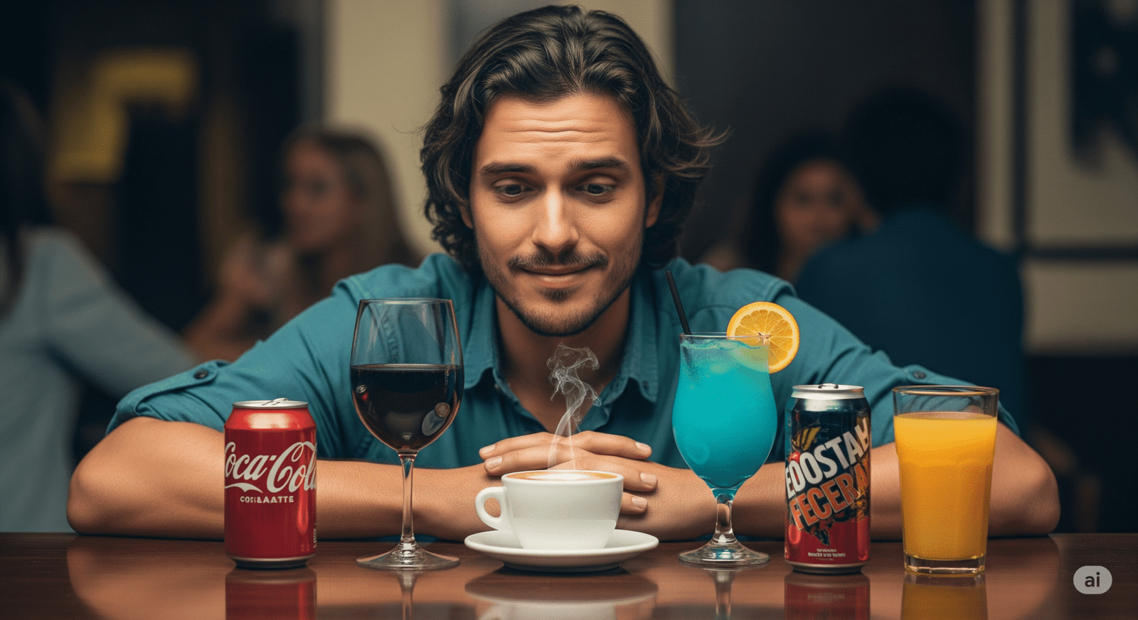 Um homem brasileiro de 35 anos sentado no balcão de um bar. Na frente dele tem uma lata de coca-cola, uma taça de vinho tinto, uma xícara de café, um drink colorido, uma lata de energético e um copo de suco de laranja. O homem está com um sorriso desajeitado e olhando confuso para todas as bebidas, sem saber o que escolher.