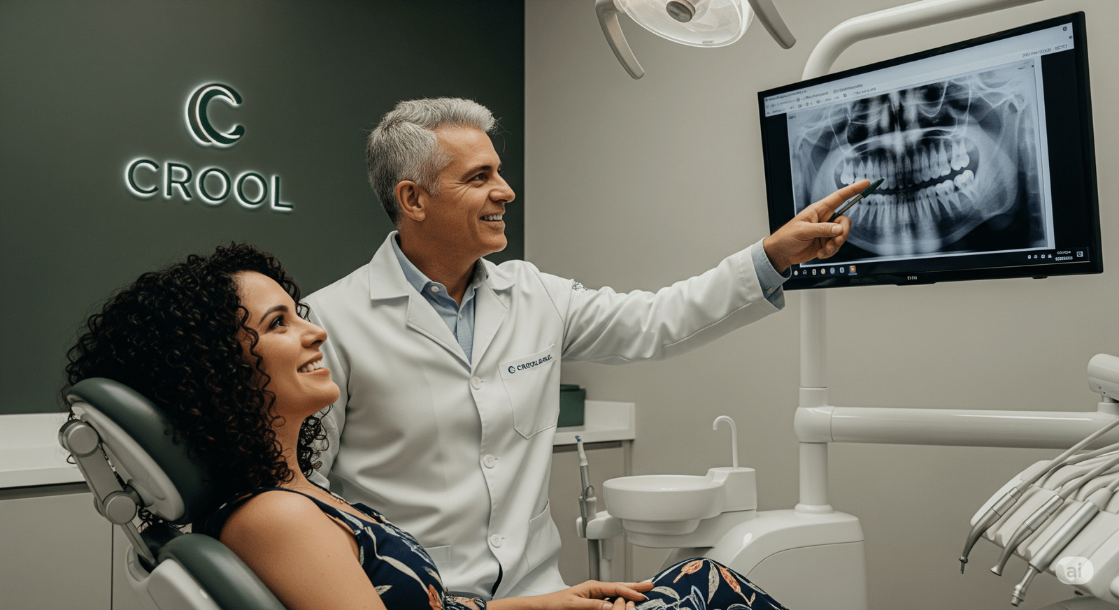 Mulher brasileira de 40 anos sentada na cadeira do consultório do dentista e olhando para a TV sorrindo. Ao lado dela está um dentista brasileiro de 50 anos, com cabelo grisalho. O dentista está sorrindo e mostrando o Raio-X da boca da paciente na tela da TV para um implante dentário em Goiânia.