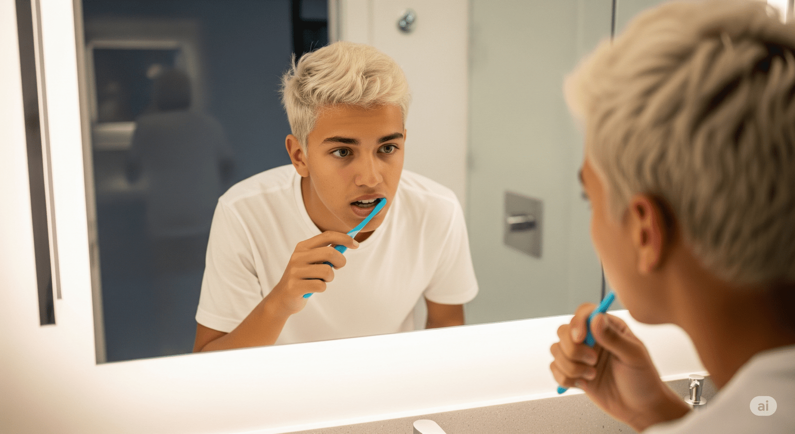 Um adolescente brasileiro de cabelos loiros e de 18 anos, escovando os dentes enquanto se olha no espelho do banheiro. Ele está com uma expressão concentrada enquanto faz a rotina de higiene bucal ideal.