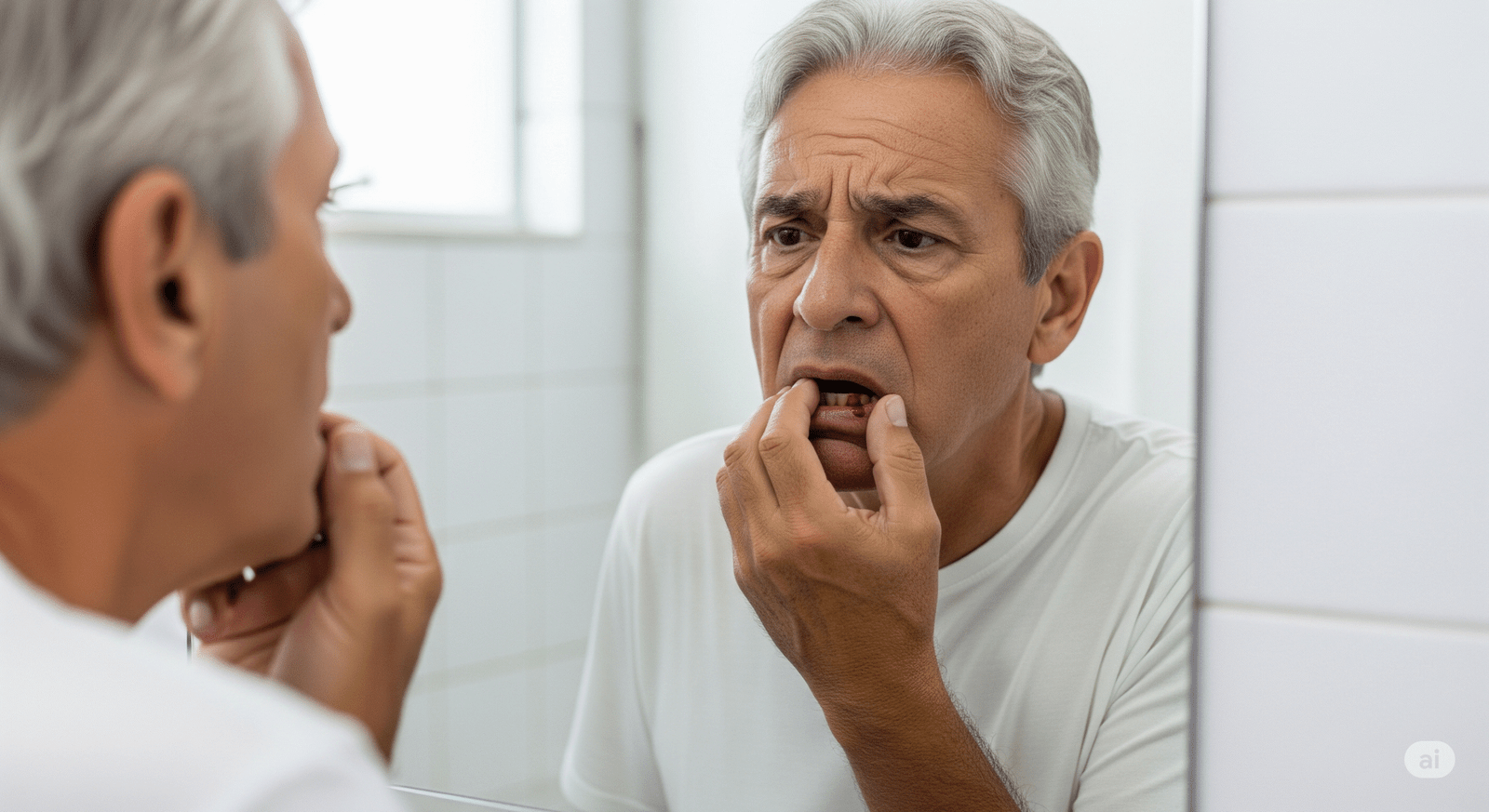 Um homem brasileiro de 65 anos se olhando no espelho do banheiro. Ele está observando um pequeno sangramento na gengiva. Ele está com uma mão levantando o lábio. A expressão dele é de preocupação com a gengivite.
