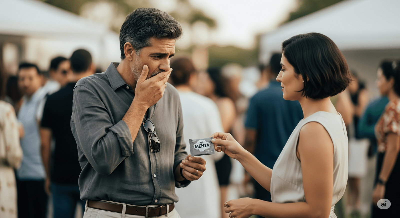 Um homem brasileiro de 50 anos em um evento durante o dia. Ele está com uma mão tapando a boca. Na frente dele tem uma mulher brasileira de cabelo curto e bonita de 40 anos oferecendo uma bala de hortelã para o mau hálito. Ele está olhando para o pacote de balas com uma expressão desconfortável. O pacote de balas é discreto, cinza e contém a inscrição "Menta" o rótulo. Ao fundo tem várias pessoas interagindo entre si. A paleta de cores das roupas é neutra.