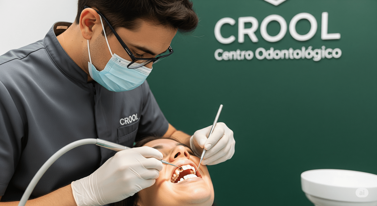 Um dentista atendendo um paciente com cárie nos dentes molares. O dentista usa um uniforme moderno na cor cinza. A imagem foca nos dentes com cárie. As pessoas estão em um consultório odontológico bem iluminado. Na parede da clínica está escrito "CROOL Centro Odontológico".