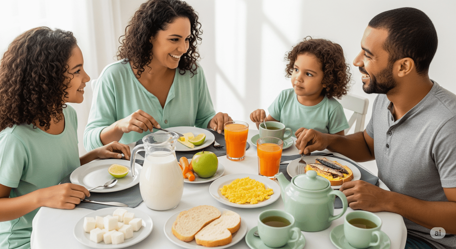 Uma família tradicional brasileira tomando café da manhã. Eles estão sorrindo e conversando. Na mesa tem alimentos como leite, queijo, maçã, suco de cenoura, ovos mexidos, sanduiche de sardinha e chá verde. Eles estão em um ambiente bem iluminado e consumindo a dieta do sorriso saudável.