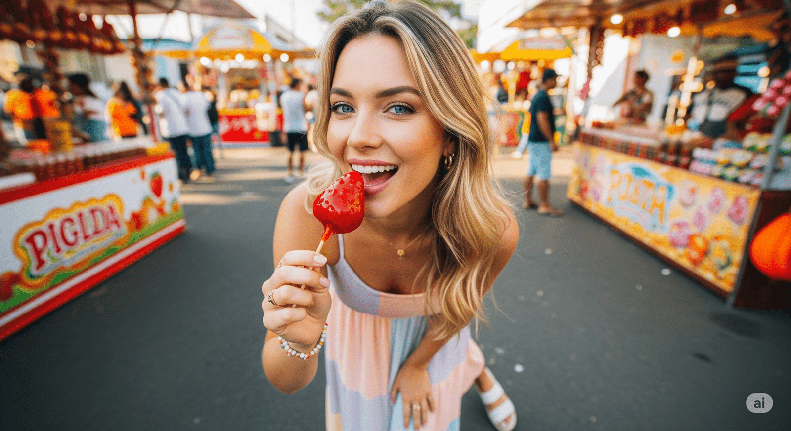 Uma mulher brasileira loira de 20 anos em uma feira de rua. Ela está segurando e mordendo um doce em formato de morango todo coberto por caramelo vermelho. Ela está com uma expressão feliz. A paleta de cores das roupas é pastel.