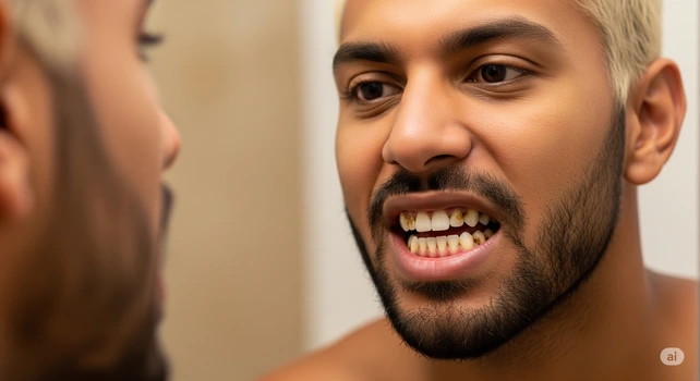 Um homem brasileiro de 35 anos, cabelos loiros, pele morena e barba olhando os dentes no espelho do banheiro e percebendo que está com tártaro. A imagem está aproximada dos dentes com tártaro decorrentes da placa bacteriana.