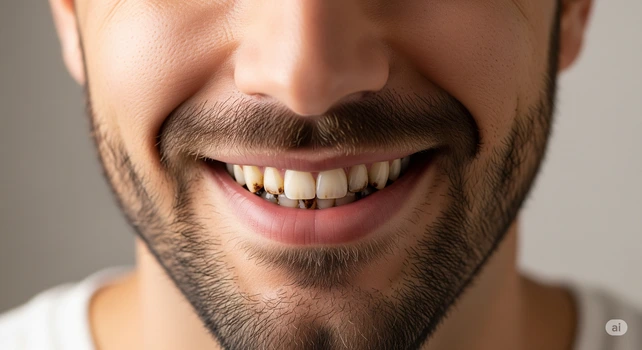 Imagem de close-up mostrando a metade inferior do rosto de um homem brasileiro de 35 anos com barba e sorrindo, com o foco nos dentes. Os dentes estão com manchas escuras visíveis. A pessoa na foto tem um sorriso tímido, mas que mostra as manchas nos dentes.
