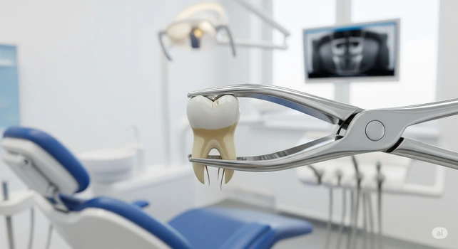 Consultório odontológico com foco em uma pinça segurando um dente siso.