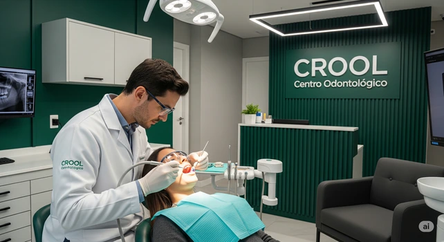 Dentista brasileiro de 40 anos atendendo uma paciente mulher de 30 anos no consultório de um clínica odontológica moderna. Ele está analisando atentamente a boca dela e fazendo uma profilaxia, limpeza de rotina.