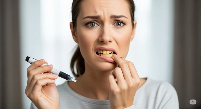 Uma mulher de 35 anos segurando uma caneta para tratamento de diabetes em uma mão e mostrando a gengiva levemente com a outra. Os dentes dela estão amarelados e ela está com uma expressão de preocupação com os efeitos do remédio para emagrecer.