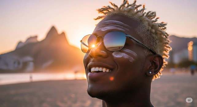 Homem brasileiro de 25 anos, negro e com cabelo platinado usando óculos de sol. Ele está em uma praia do Rio de Janeiro sorrindo enquanto olha para o céu após passar protetor solar.