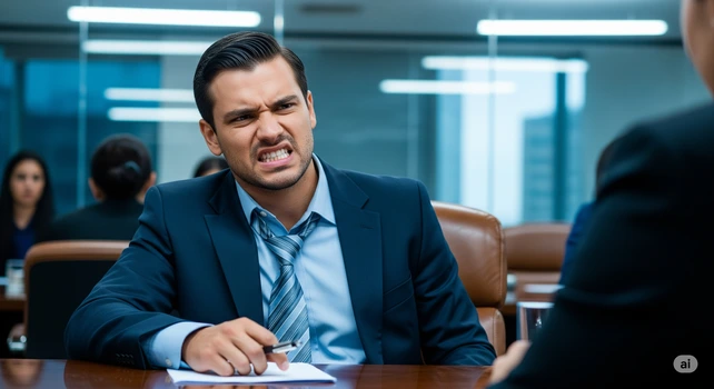 Um homem brasileiro de 35 anos em uma reunião. Ele está estressado e cerrando os dentes, mas a expressão é de quem está tentando se acalmar. A imagem ilustra um artigo sobre estresse e saúde bucal.