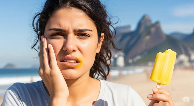 Uma mulher brasileira de 25 anos, vestindo uma camiseta e com cabelos escuros na praia do Rio de Janeiro. Ela possui sensibilidade dentária e está com dor de dente após tentar morder um picolé de limão.