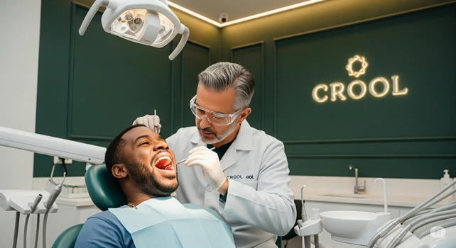 Homem brasileiro negro de 40 anos sentado na cadeira do consultório de um clínica odontológica moderna. Ele está com a boca aberta sendo examinado por um dentista de 50 anos com cabelo grisalho e fazendo um tratamento de canal.