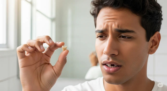Homem brasileiro de 25 anos com fratura dental. Ele está com um dente quebrado e segurando um pedaço desse dente na mão.