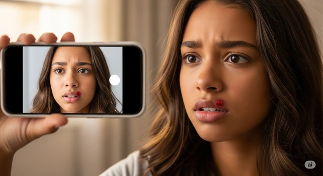Adolescente brasileira de cabelos castanhos e pele morena, com 17 anos. Ela está tirando uma selfie e na câmera do celular vê um herpes labial em sua boca.
