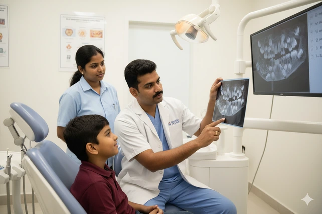 Dentista indiano analisando os exames odontológicos de um menino indiano de 7 anos. O dentista está sentado de frente para o menino e olhando o sorriso dele enquanto segura o Raio-X para comparar.