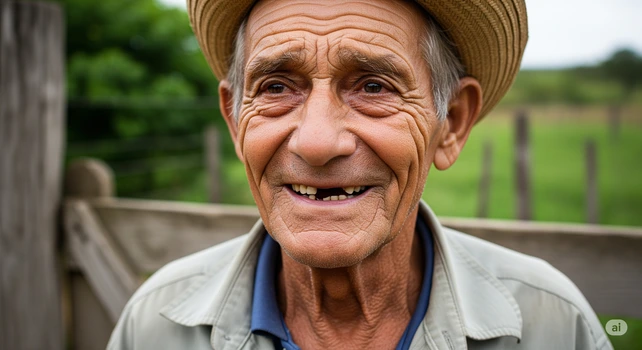 Um idoso brasileiro na zona rural. Ele tem mais de 60 anos e está usando roupas de agricultor. Ele está mostrando o sorriso faltando alguns dentes e tem os olhos tristes.