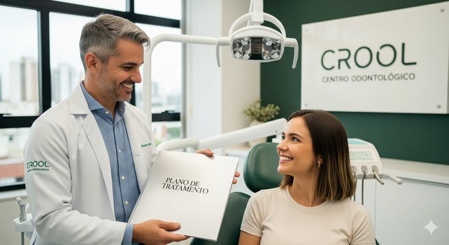 Dentista brasileiro de 40 anos e cabelos grisalhos conversando com uma paciente mulher de 30 anos no consultório de um clínica odontológica moderna. Ele está entregando para ela, uma pasta prateada com documentos e na pasta está escrita "Plano de Tratamento". A paciente optou por fazer o tratamento no CROOL ao invés do oferecido pelo plano odontológico.