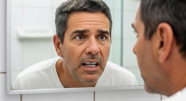 Um homem brasileiro de 55 anos se olhando no espelho do banheiro. Ele está com uma cara preocupada e olhando a cor de um dente de frente escurecido com um tom meio cinza-azulado enquanto pensa em fazer um clareamento interno.