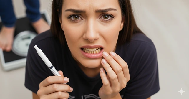 Uma mulher brasileira de 30 anos segurando uma caneta emagrecedora em uma mão e mostrando a gengiva levemente com a outra. Os dentes dela estão amarelados e ela está com uma expressão de preocupação. Ao fundo, em último plano, colocar um close-up dos pés de alguém se pesando em uma balança. A imagem ilustra um artigo sobre emagrecimento e saúde bucal.