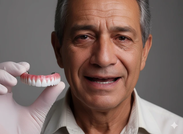 Um homem brasileiro de 60 anos sorrindo sem dentes e com os olhos tristes. Na frente dele, em primeiro plano, um close da mão do dentista segurando uma prótese protocolo.
