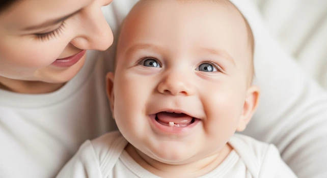 Bebê sorrindo com o primeiro dente em evidência. A imagem ilustra um artigo sobre amamentação e saúde bucal.