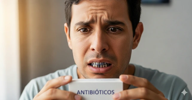 Um homem brasileiro de 35 anos com uma caixa de remédio na mão escrito "ANTIBIÓTICOS". Ele está com uma cara assustada e mostrando a cor dos dentes manchados com um tom meio cinza-azulado.