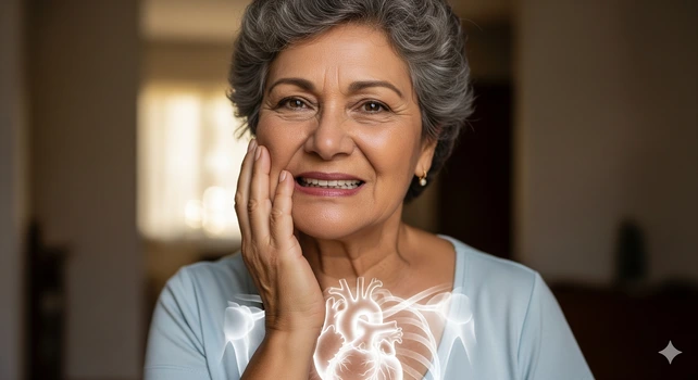 Uma senhora brasileira de 65 anos, cabelos curtos, com a mão segurando a mandíbula porque está com dor de dente. Na imagem vemos um raio-x do coração dela por baixo da camiseta.
