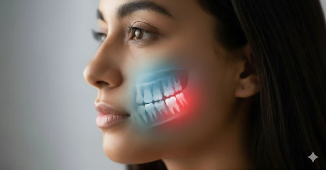 Uma jovem brasileira de 25 anos com um raio-x dos dentes para extração de siso.
