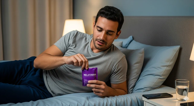 Um homem brasileiro de 30 anos deitado na cama do quarto e olhando para uma embalagem de suplemento. A embalagem é roxa e nela está escrito "MELATONINA". A imagem ilustra um artigo sobre melatonina e saúde bucal.