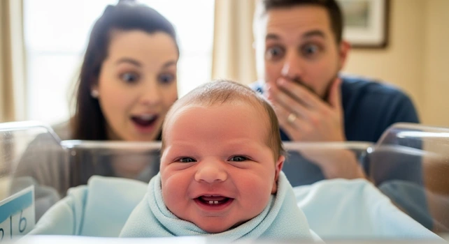 Um bebê recém-nascido com dentes e os pais surpresos ao fundo.